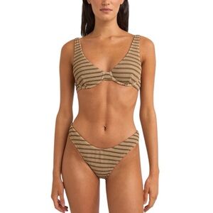 NEW Rhyhm. Sol Stripe Hi Cut Adjustable Strap Two Piece XS Bikini Tan/Black Set